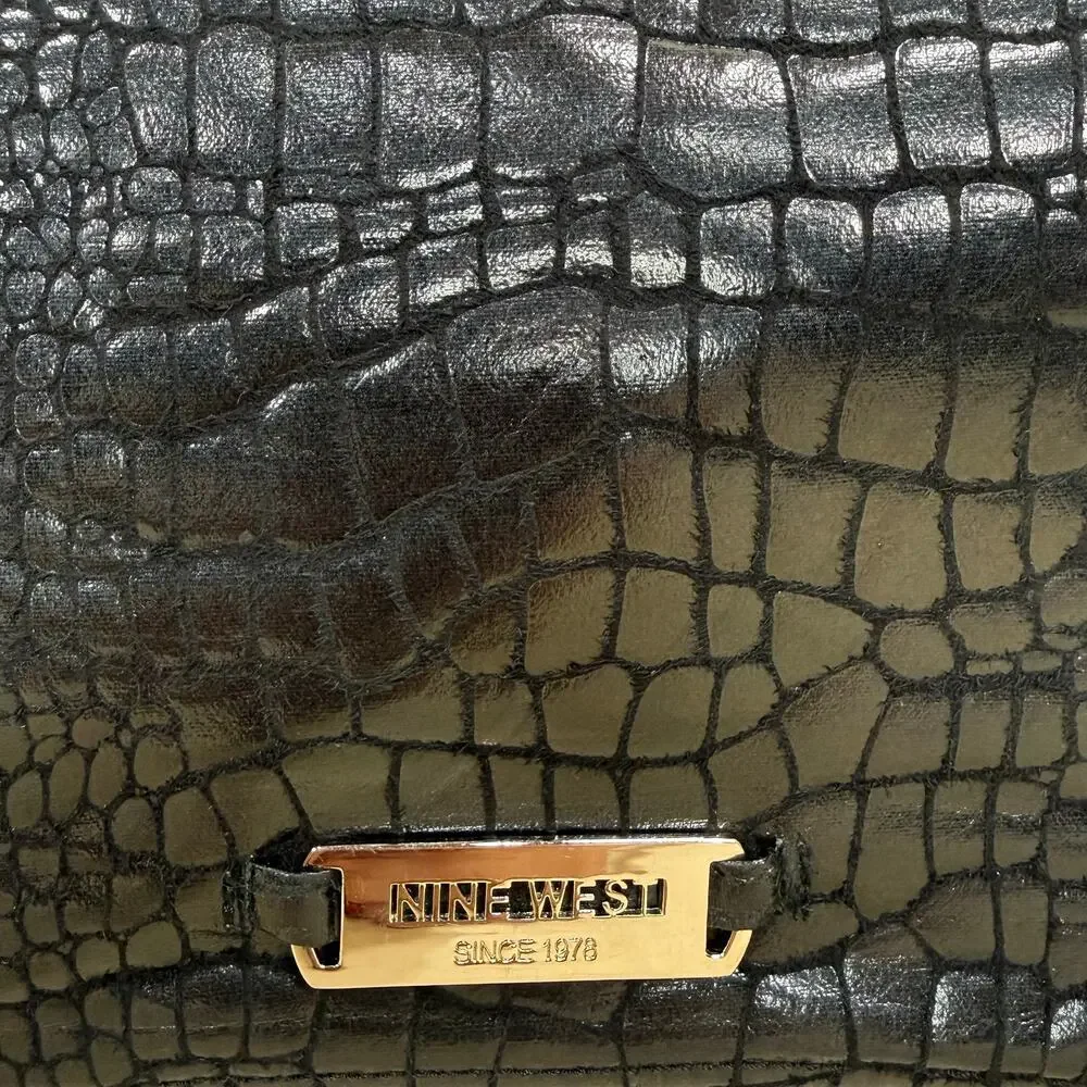 Nine West Clutch Women’s Black Faux Crocodile Cutout Handle Evening Purse